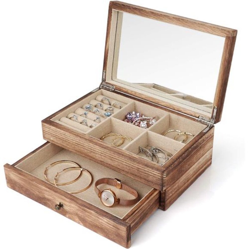 Meangood Jewelry Box Organizer for Women, 2 Layer Large Jewelry Storage Case